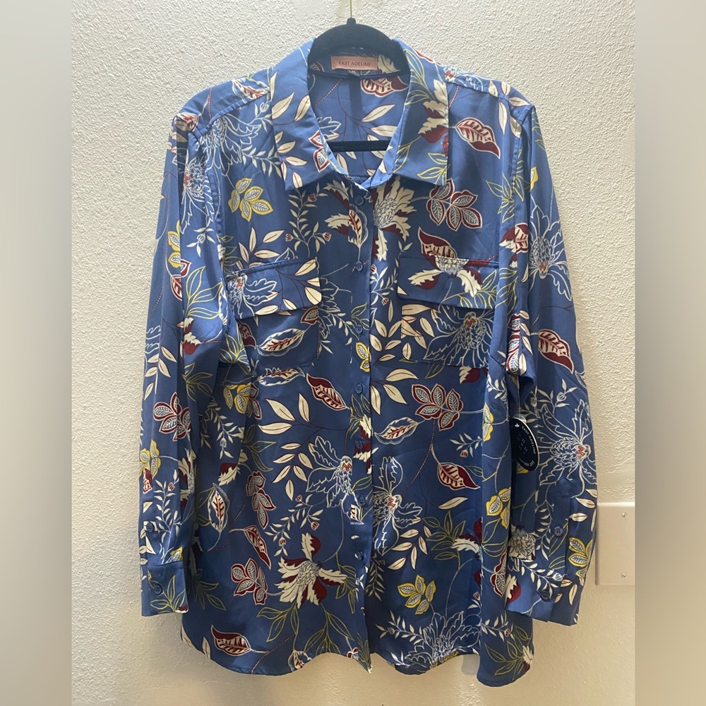 East Adeline Women's 2xl Blue Floral Button Down‎ Long Sleeve Shirt NWT